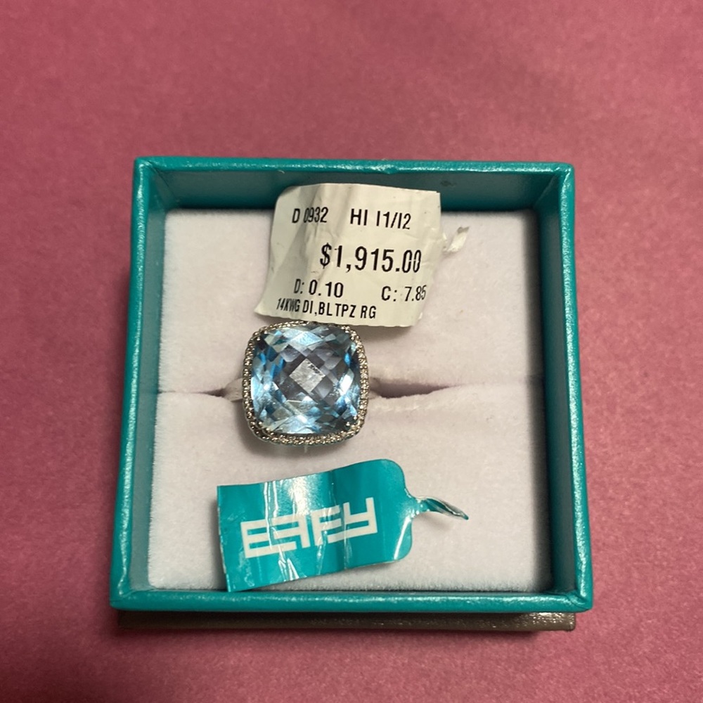 EFFY 14K White Gold, Diamond & amp. Blue Topez Solitaire Ring Size 7 -$1,915.00 - Picture 3 of 4